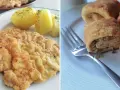 Kotlet schabowy z ziemniakami i krokiety z kapustą i grzybami na talerzach.