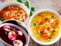 Trzy miski z polskimi zupami: pomidorową z makaronem, barszczem z uszkami i rosół z makaronem i warzywami.