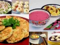 Kolaz z daniami: kluski z mięsem, placki ziemniaczane, zupa buraczkowa, rosół, zupa z kluskami.