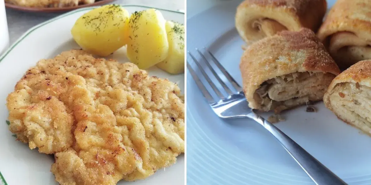 Kotlet schabowy z ziemniakami i krokiety z kapustą i grzybami na talerzach.