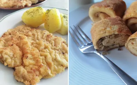 Kotlet schabowy z ziemniakami i krokiety z kapustą i grzybami na talerzach.