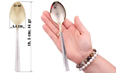 Łyżka z miarkami: 15 ml, 4,4 cm, 19,5 cm, 44 gr.