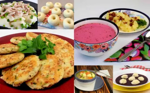 Kolaz z daniami: kluski z mięsem, placki ziemniaczane, zupa buraczkowa, rosół, zupa z kluskami.