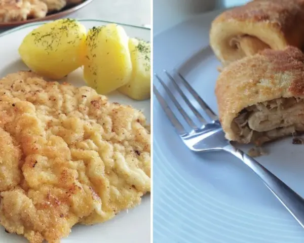 Kotlet schabowy z ziemniakami i krokiety z kapustą i grzybami na talerzach.