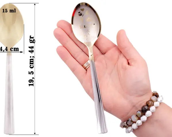 Łyżka z miarkami: 15 ml, 4,4 cm, 19,5 cm, 44 gr.