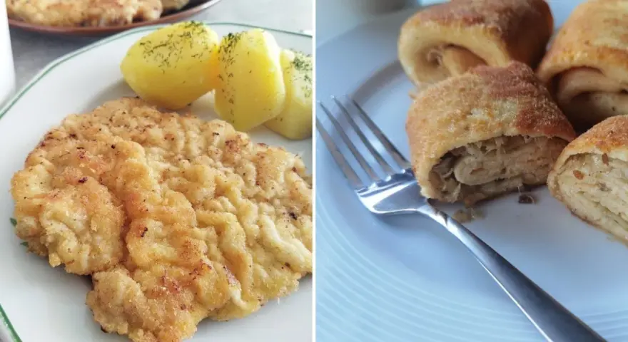 Kotlet schabowy z ziemniakami i krokiety z kapustą i grzybami na talerzach.