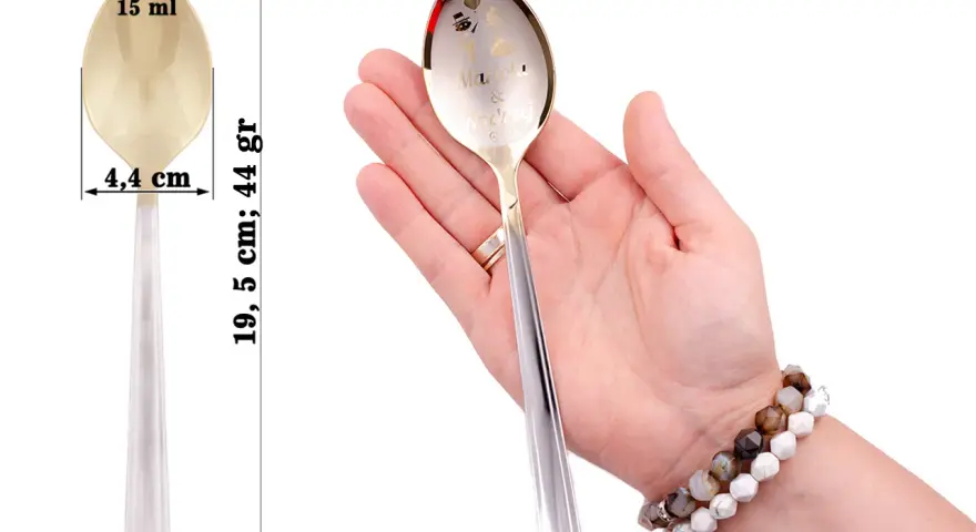 Łyżka z miarkami: 15 ml, 4,4 cm, 19,5 cm, 44 gr.