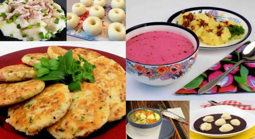 Kolaz z daniami: kluski z mięsem, placki ziemniaczane, zupa buraczkowa, rosół, zupa z kluskami.